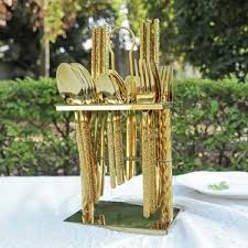 24 pcs Gold Plated Stainless Steel Cutlery Set with Hanging Stand (6 Dinner Spoon, 6 Dinner Fork, 6 Teaspoon, 6 Dinner/Butter Knives & 1 Stand)