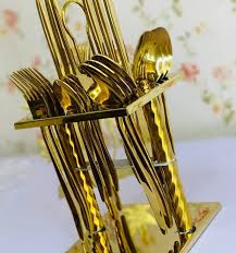 24 pcs Gold Plated Stainless Steel Cutlery Set with Hanging Stand (6 Dinner Spoon, 6 Dinner Fork, 6 Teaspoon, 6 Dinner/Butter Knives & 1 Stand)