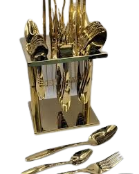 24 pcs Gold Plated Stainless Steel Cutlery Set with Hanging Stand (6 Dinner Spoon, 6 Dinner Fork, 6 Teaspoon, 6 Dinner/Butter Knives & 1 Stand)