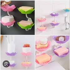1pc rose soap  holder,Wall- Mounted Drain Soap Box Double Layer Lotus Flower Shaped Soap Tray Removable Soap Dish Non- Slip Storage Self- Adhesive Bathroom Accessories