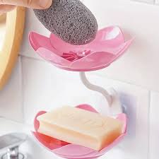 1pc rose soap  holder,Wall- Mounted Drain Soap Box Double Layer Lotus Flower Shaped Soap Tray Removable Soap Dish Non- Slip Storage Self- Adhesive Bathroom Accessories