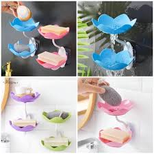 1pc rose soap  holder,Wall- Mounted Drain Soap Box Double Layer Lotus Flower Shaped Soap Tray Removable Soap Dish Non- Slip Storage Self- Adhesive Bathroom Accessories