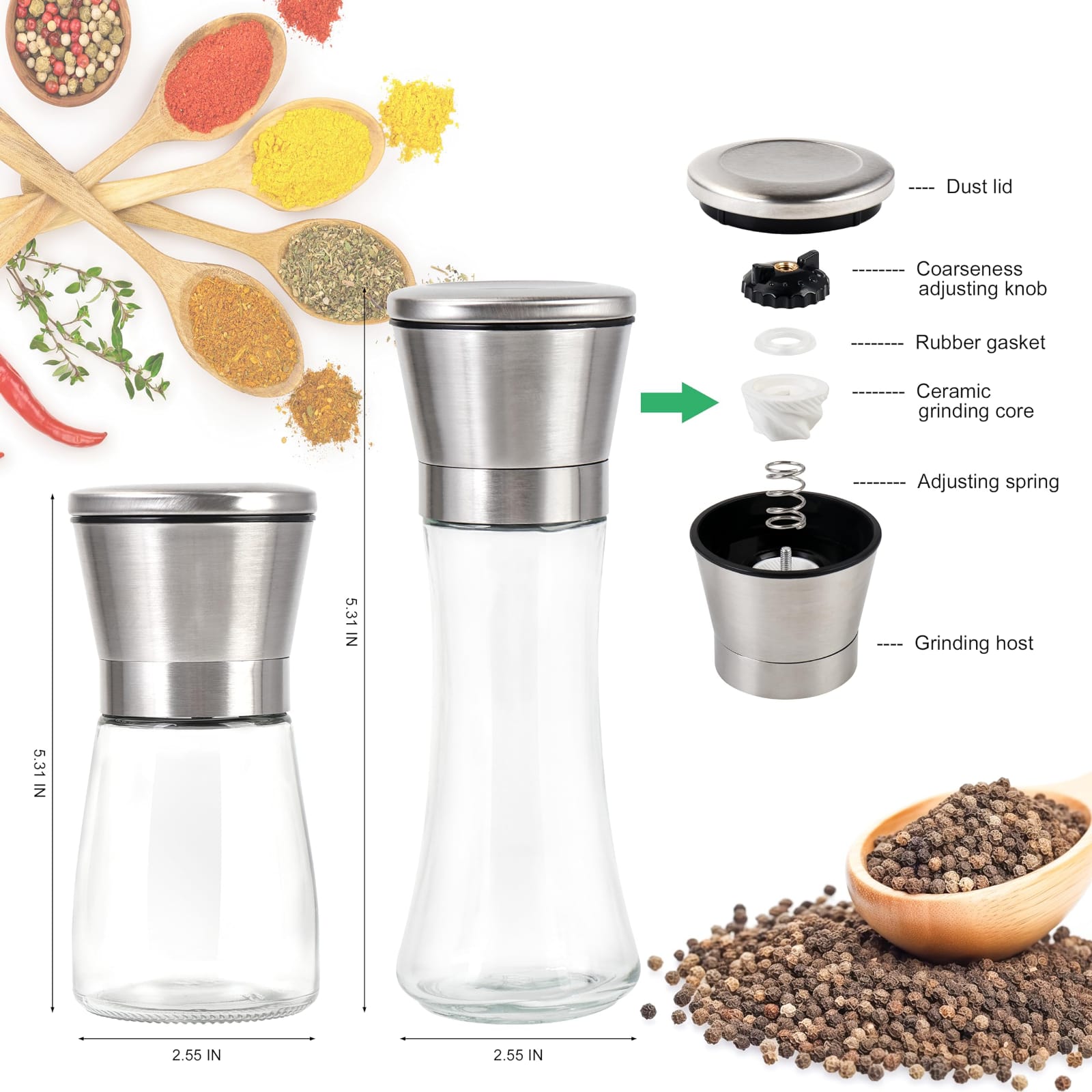Adjustable Coarseness Salt And Pepper Grinder,Salt and Pepper Grinder Set - Stainless Steel Refillable Salt & Peppercorn Shakers