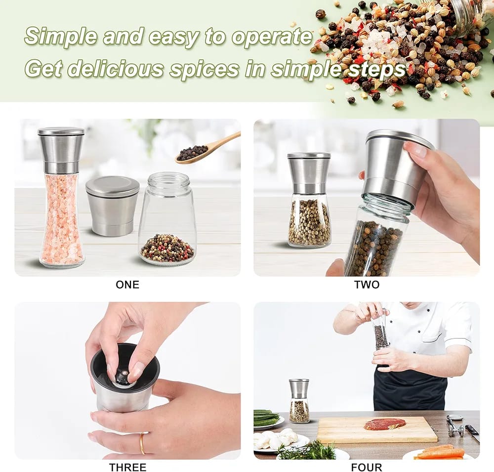 Adjustable Coarseness Salt And Pepper Grinder,Salt and Pepper Grinder Set - Stainless Steel Refillable Salt & Peppercorn Shakers