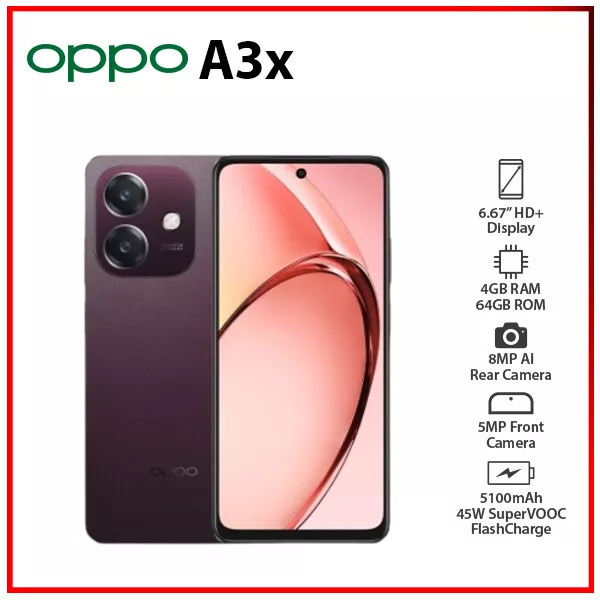 Oppo A3X, 6.67", 64GB + 4GB RAM, 4G LTE, 45W Flash Charge (Dual SIM) 5,100 MAh -Smartphones