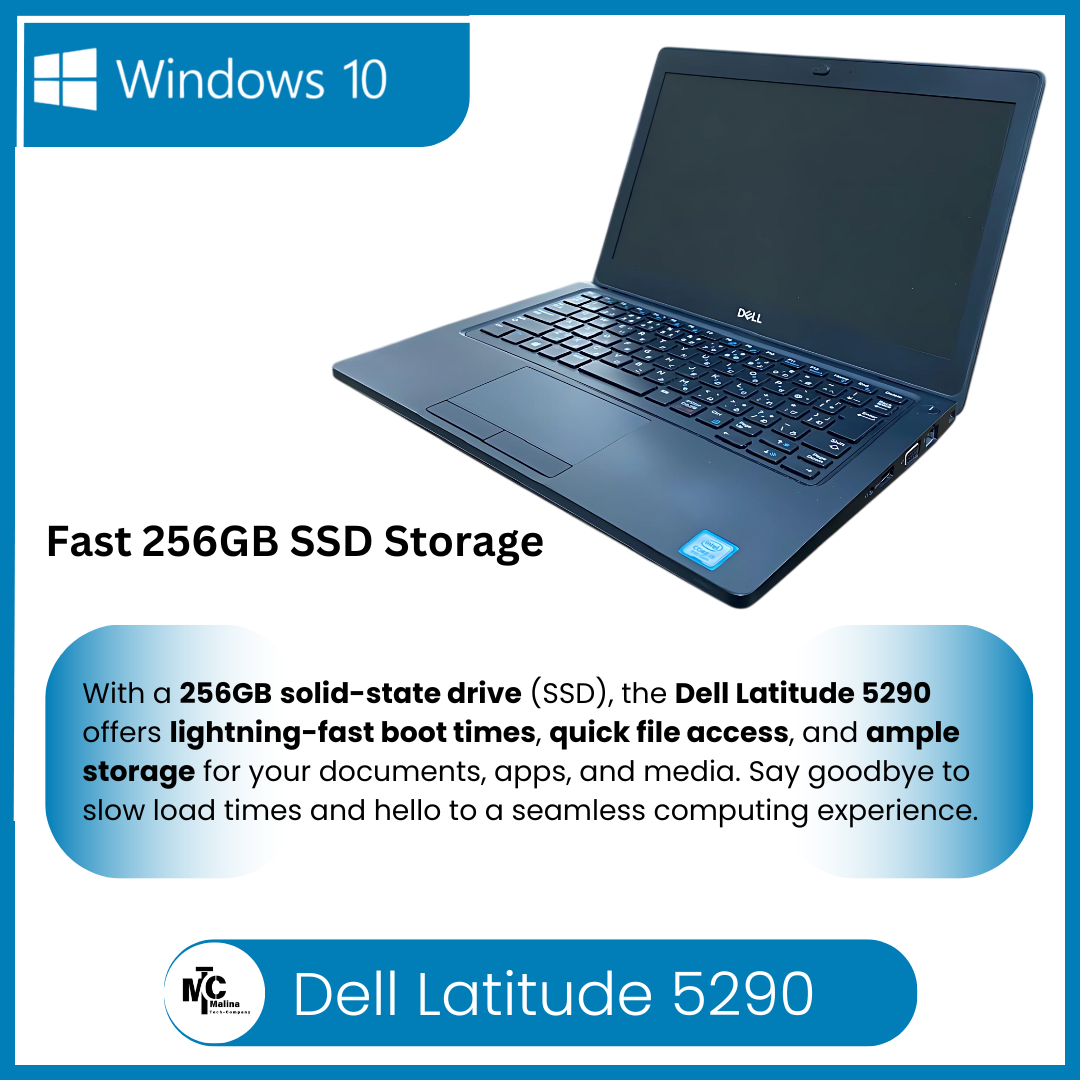 Refurbished Dell Latitude 5290 Business Laptop – Intel Core i5-8250U 8th Gen, 8GB RAM, 256GB SSD, Windows 10 Pro, 12.5" HD Display, No Webcam