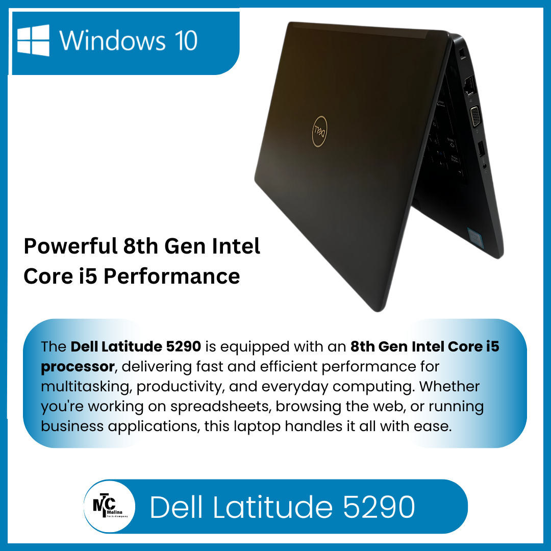 Refurbished Dell Latitude 5290 Business Laptop – Intel Core i5-8250U 8th Gen, 8GB RAM, 256GB SSD, Windows 10 Pro, 12.5" HD Display, No Webcam