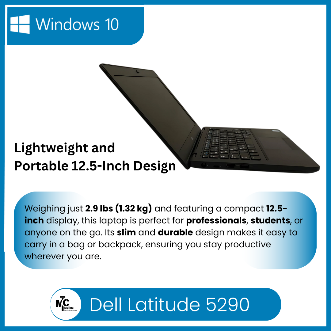 Refurbished Dell Latitude 5290 Business Laptop – Intel Core i5-8250U 8th Gen, 8GB RAM, 256GB SSD, Windows 10 Pro, 12.5" HD Display, No Webcam