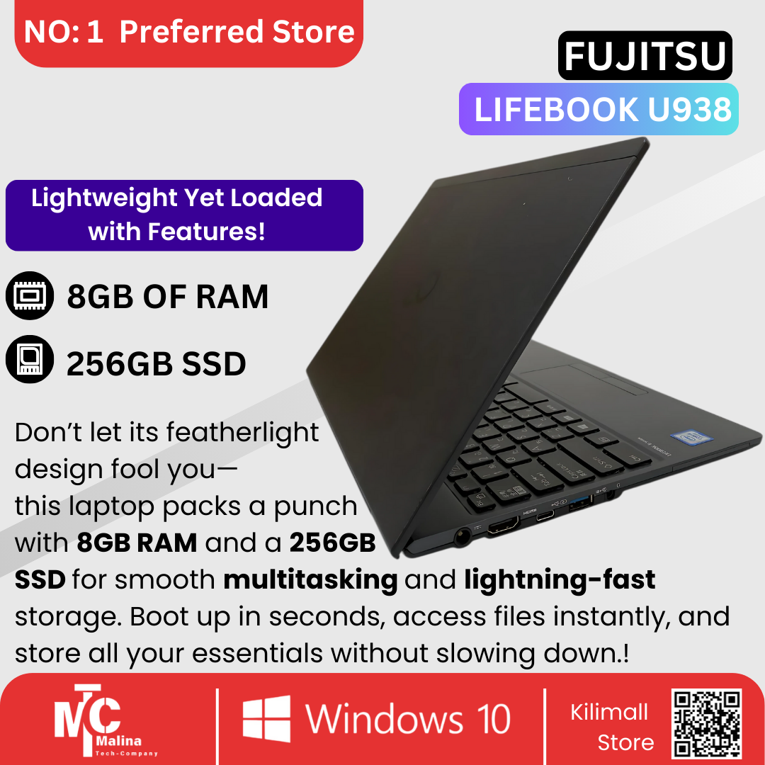 FUJITSU U938 Ultra-Portable Laptop – Intel Core i5-7200U, 2.7GHz, 8GB RAM, 256GB SSD, Touchscreen, Lightweight Business Notebook