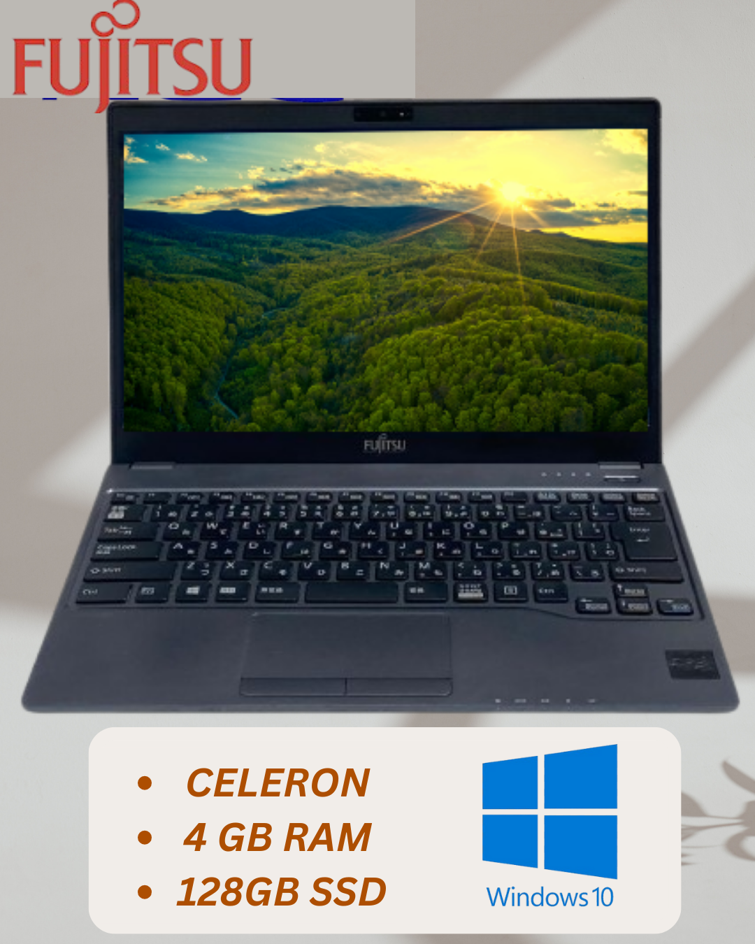 Fujitsu FUTRO MU937 Ultra-Thin Business Laptop – Intel Celeron Processor (1.80GHz), 4GB DDR4 RAM, 128GB SSD, Windows 10 Pro, Lightweight & Durable Design, High-Performance Computing for Profe