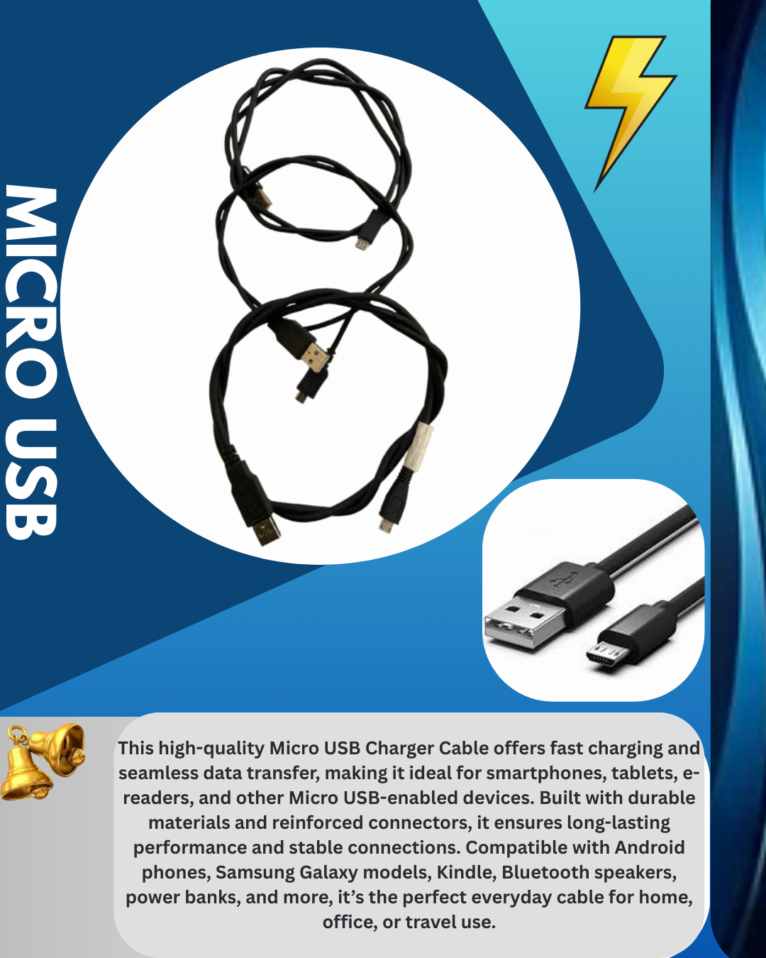 "Micro USB Charger Cable – Fast Charging & Data Transfer Cord for android,lightning cable and USB-C