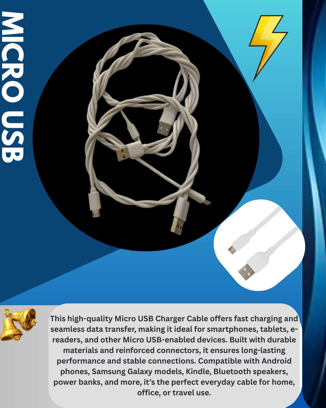 "Micro USB Charger Cable – Fast Charging & Data Transfer Cord for android,lightning cable and USB-C