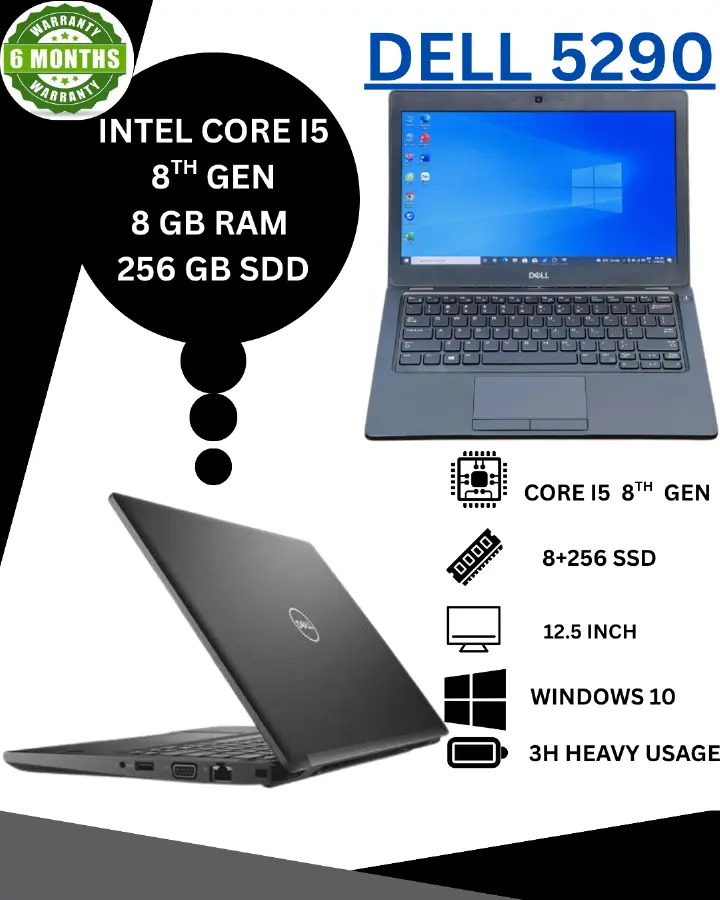 Refurbished Dell Latitude 5290 Business Laptop – Intel Core i5-8250U 8th Gen, 8GB RAM, 256GB SSD, Windows 10 Pro, 12.5" HD Display, No Webcam