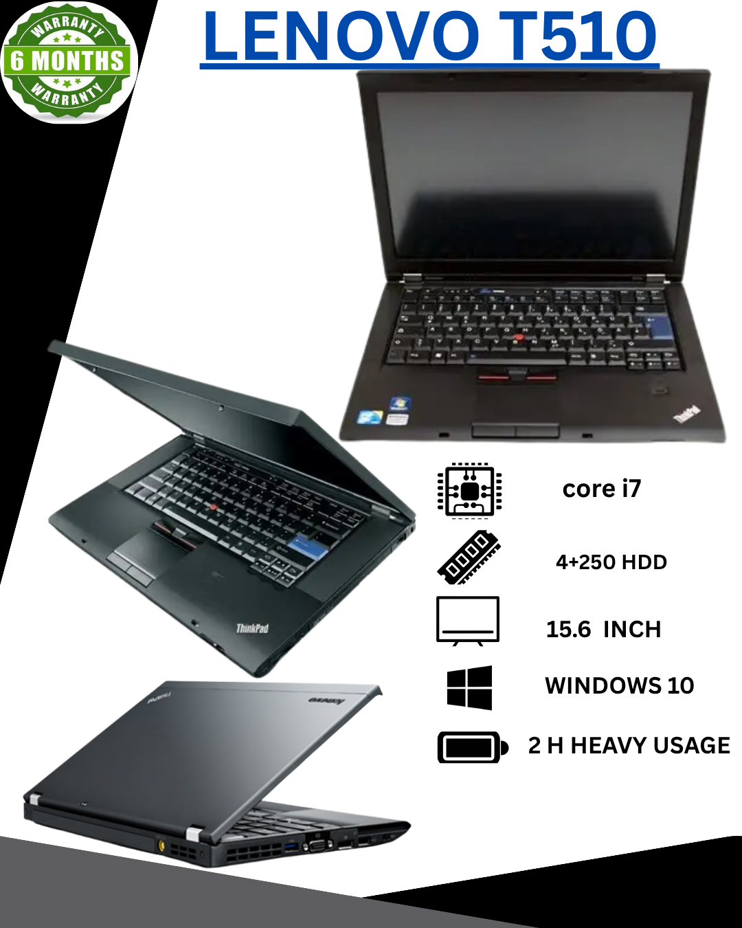 Refurbished Lenovo Thinkpad T510 15.6" Laptop - Intel Core i7 2.66GHz (4 CPUs),  4GB RAM, 250GB HDD, Windows 10 Home, 1024x768 Display, 64Hz Refresh Rate, HDMI, 6 Month Warranty