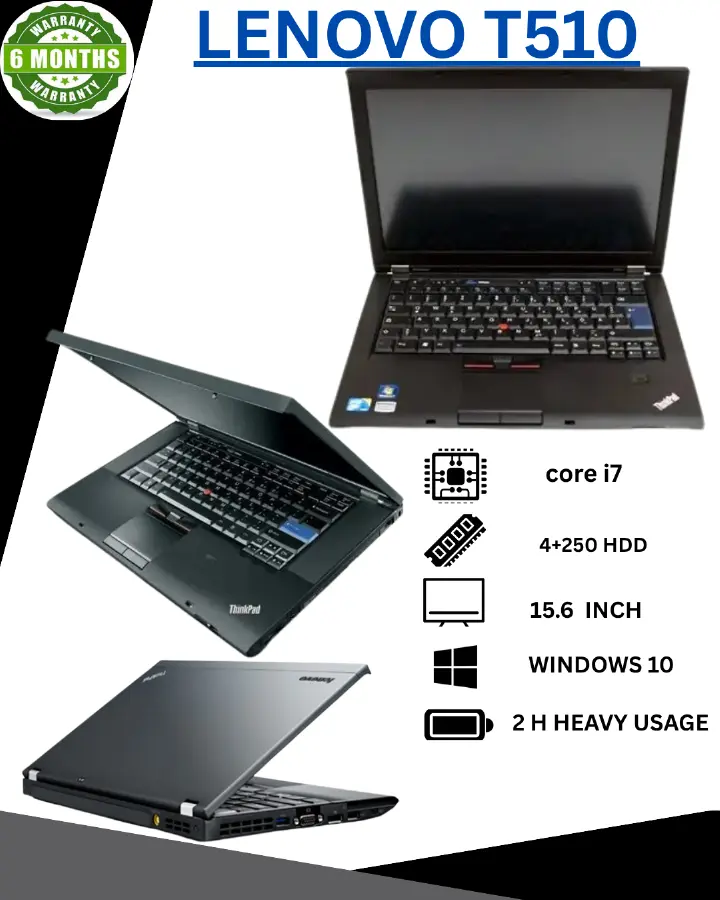 Refurbished Lenovo Thinkpad T510 15.6" Laptop - Intel Core i7 2.66GHz (4 CPUs),  4GB RAM, 250GB HDD, Windows 10 Home, 1024x768 Display, 64Hz Refresh Rate, HDMI, 6 Month Warranty