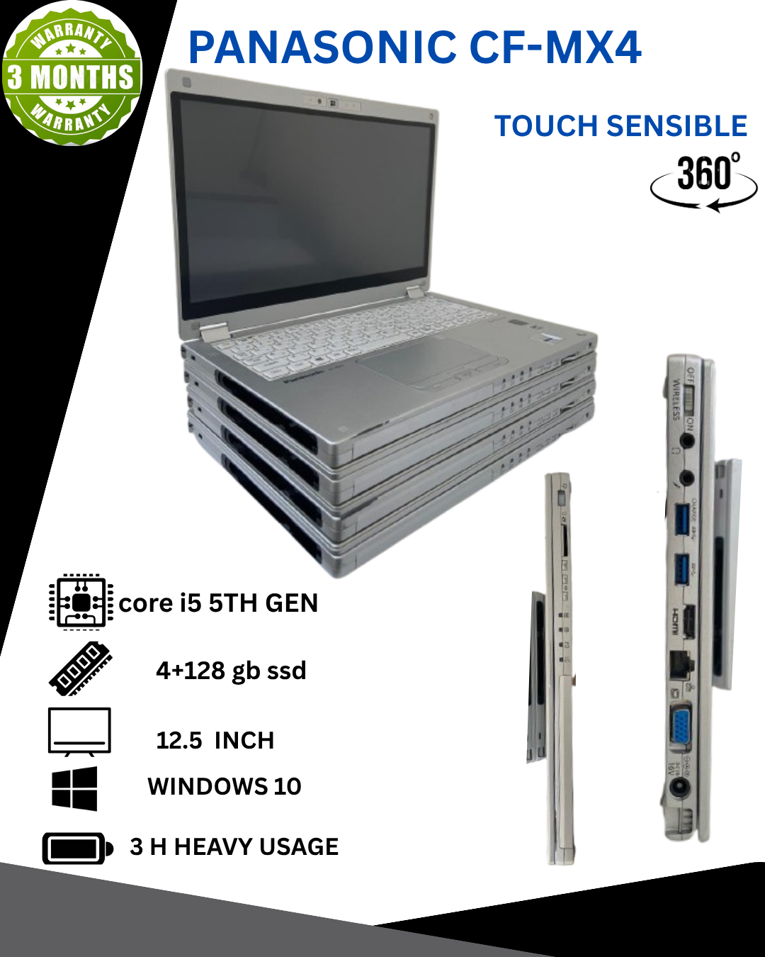 REFURBISHED Panasonic CF-MX4 Laptop Intel Core i5 5th Gen Processor, 4GB RAM, 128GB SSD Storage, Windows 10 Convertible Business Laptop (NO STYLUS PEN) Refurbished Laptop