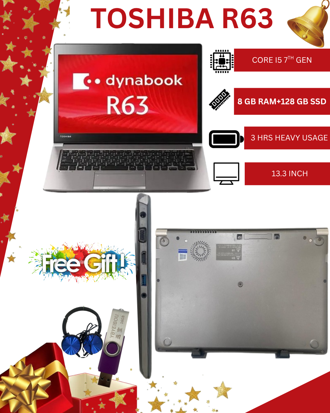 Toshiba R63 Refurbished Ultra-Slim Laptop - Intel Core i5 7th Gen, 8GB RAM, 128GB SSD | 3-Month Warranty | Affordable Performance & Portability