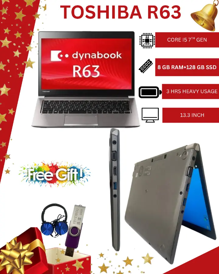 Toshiba R63 Refurbished Ultra-Slim Laptop - Intel Core i5 7th Gen, 8GB RAM, 128GB SSD | 3-Month Warranty | Affordable Performance & Portability