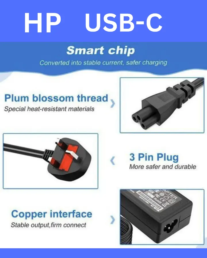 Original HP 65W USB Type-C Laptop Charger Adapter – High-Speed Fast Charging Power Supply for Compatible HP Notebooks and Devices – Compact & Travel-Friendly Design