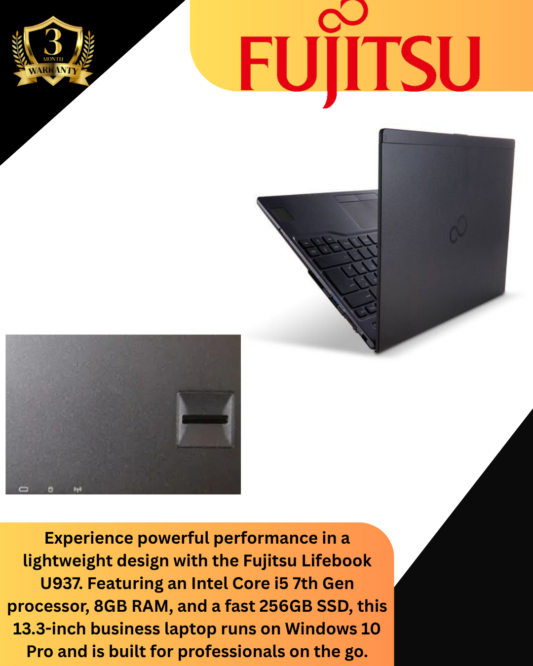 Refurbished Fujitsu Lifebook U937 Laptop Intel Core i5 7th Gen | 8GB RAM 256GB SSD Windows 10 Pro Ultra-Light Business Laptop