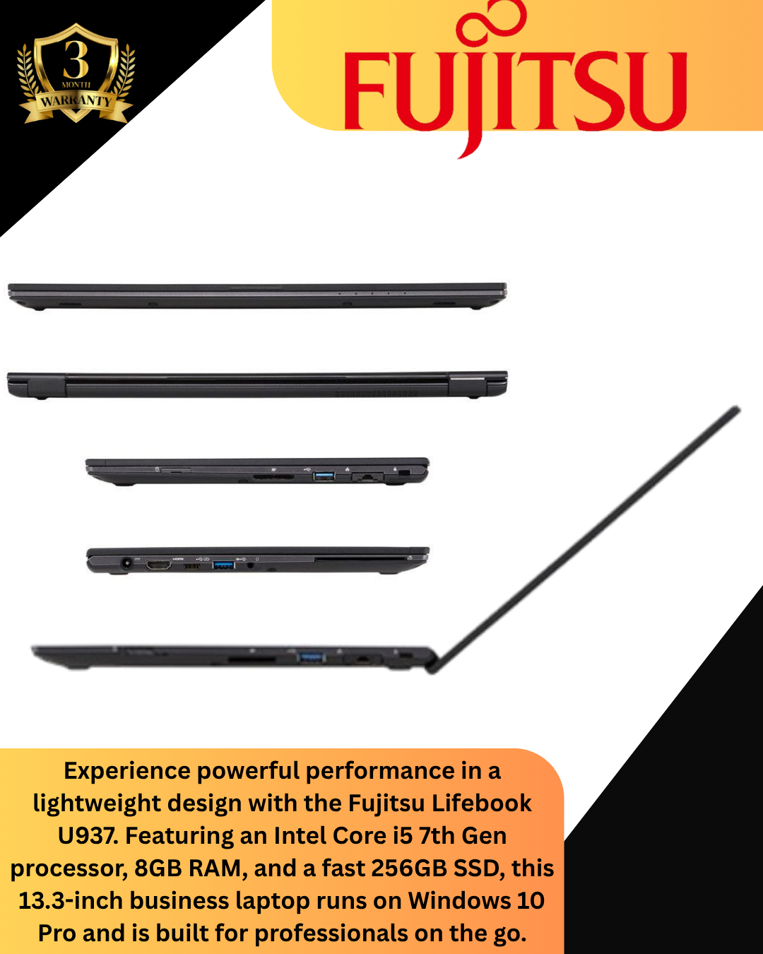 Refurbished Fujitsu Lifebook U937 Laptop Intel Core i5 7th Gen | 8GB RAM 256GB SSD Windows 10 Pro Ultra-Light Business Laptop