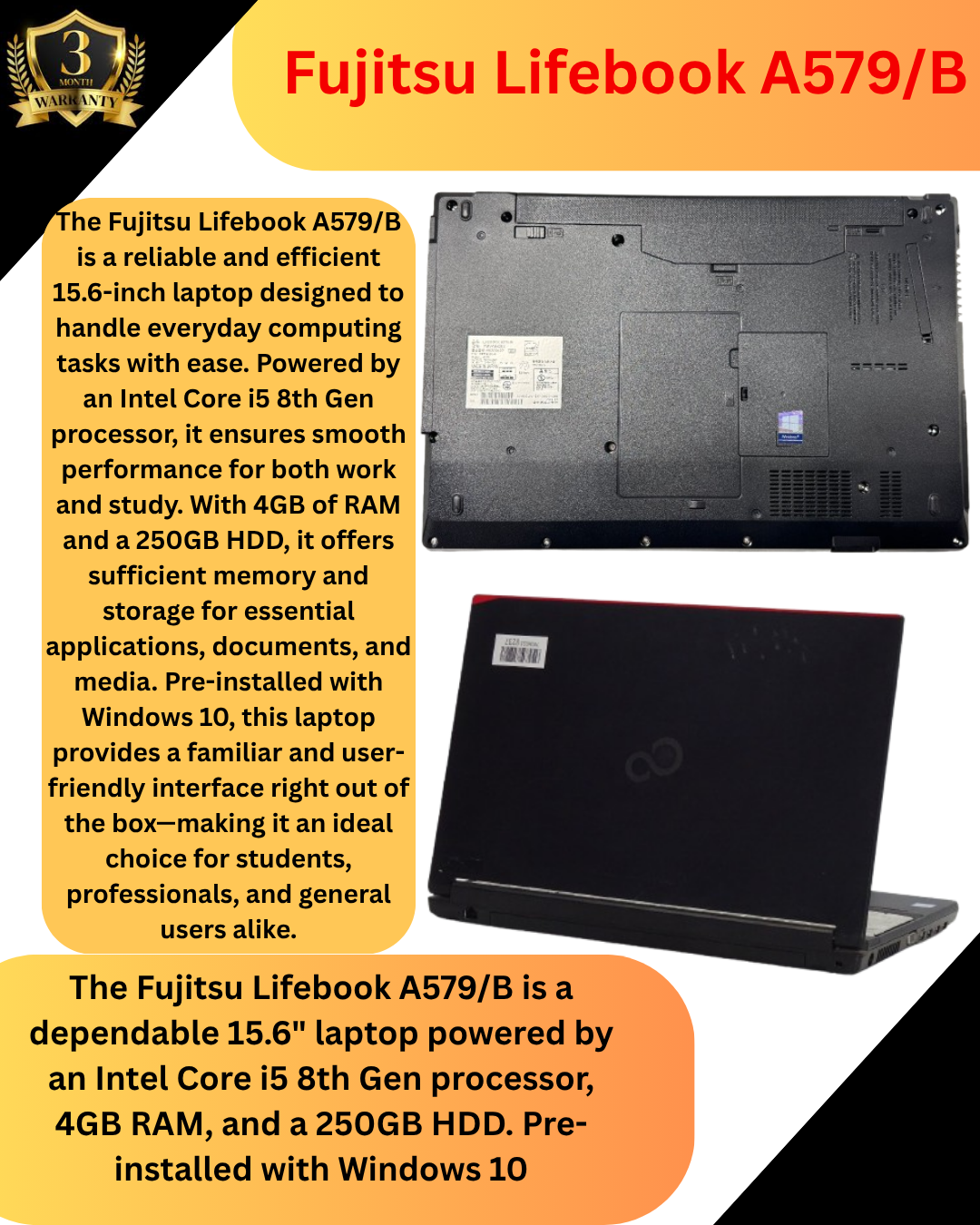 Fujitsu Lifebook A579/B Laptop – 15.6" HD Display, Intel Core i5 8th Gen Processor, 8GB RAM, 500GB HDD, Windows 10 Pro, Wi-Fi, HDMI, USB 3.0 – Reliable Business Notebook for Office & School