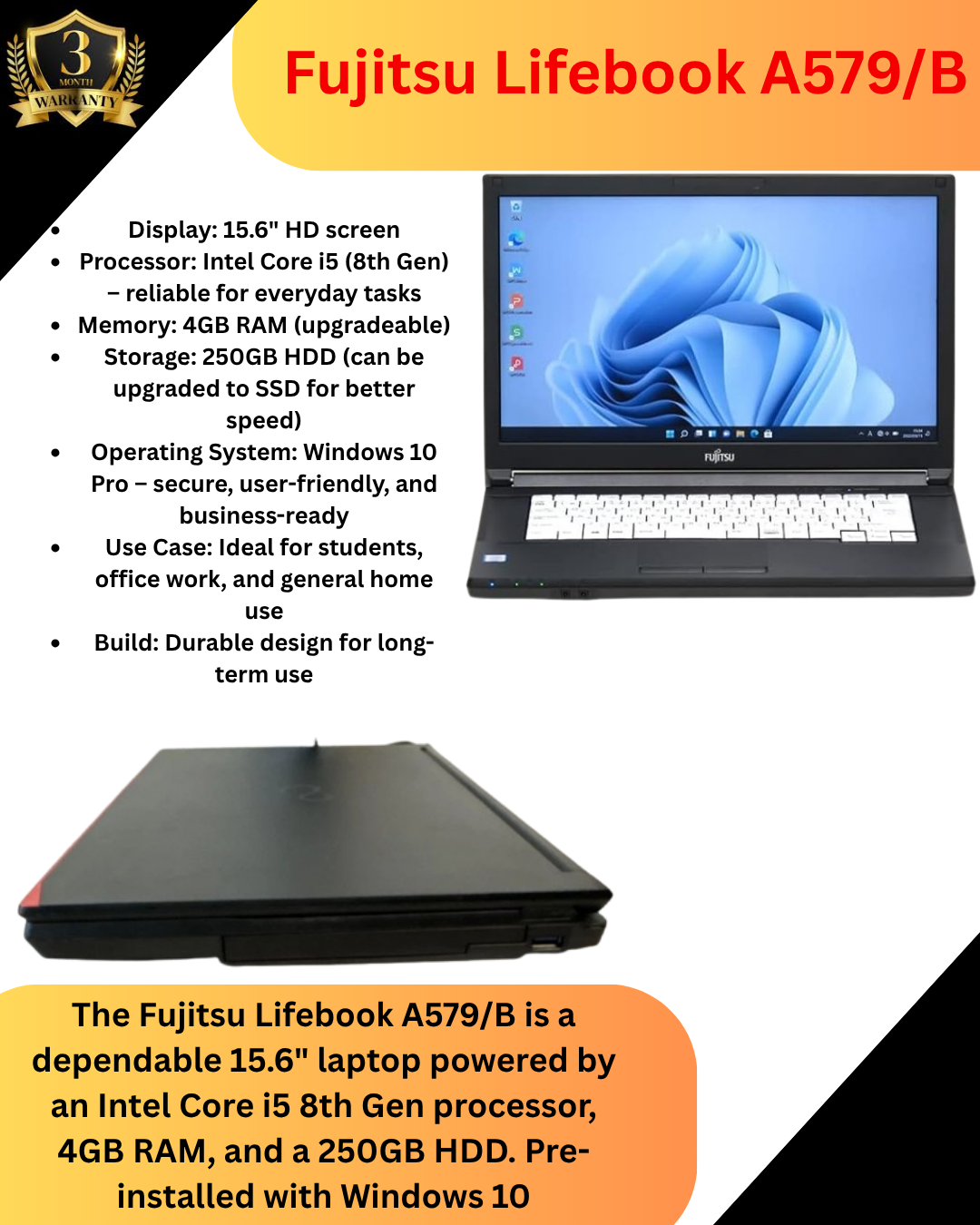 Fujitsu Lifebook A579/B Laptop – 15.6" HD Display, Intel Core i5 8th Gen Processor, 8GB RAM, 500GB HDD, Windows 10 Pro, Wi-Fi, HDMI, USB 3.0 – Reliable Business Notebook for Office & School
