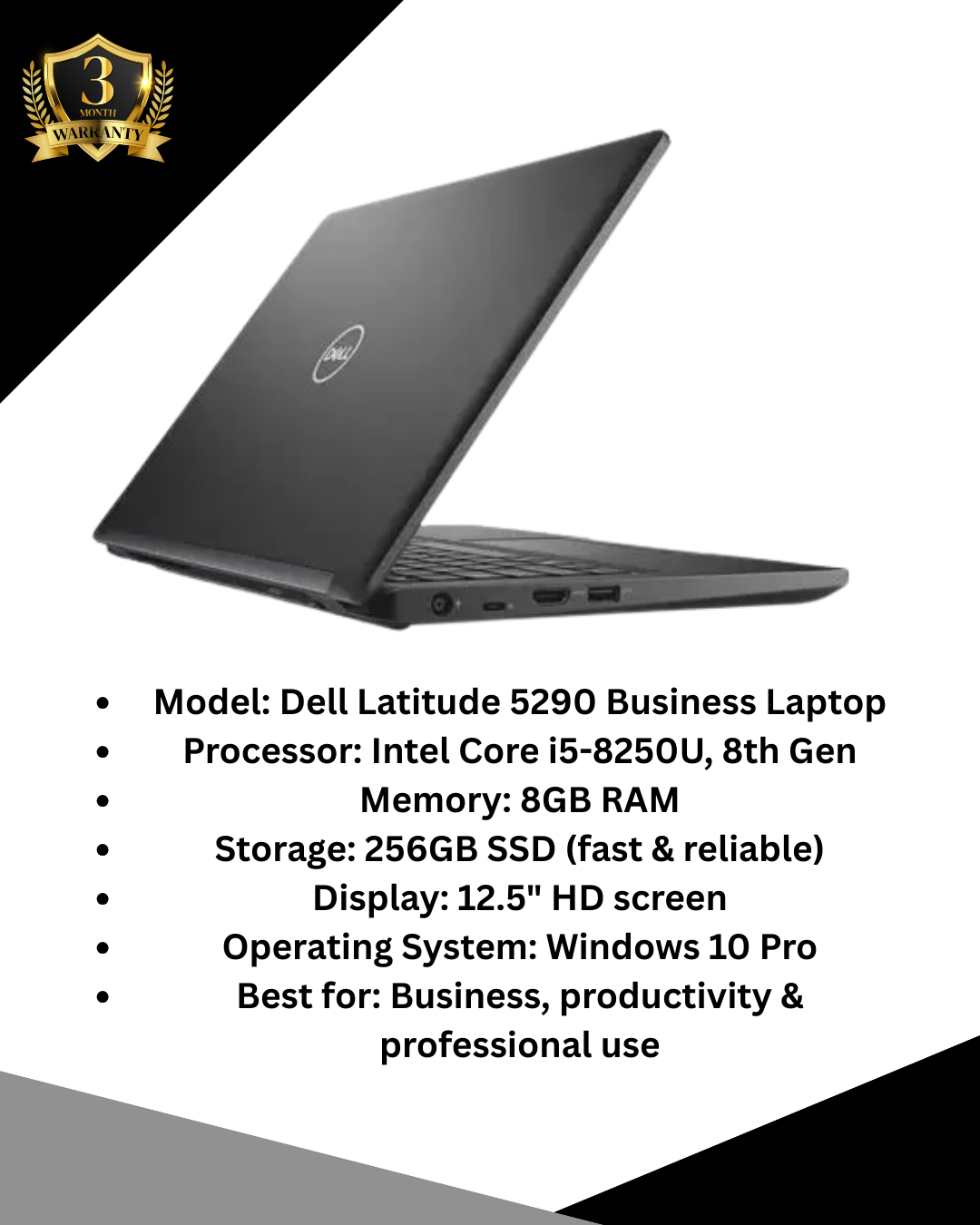 Refurbished Dell Latitude 5290 Business Laptop 8th Gen Intel Core i5-8250U, 8GB DDR4 RAM 256GB SSD, 12.5-Inch HD Screen Display Windows 10 Pro Durable & Reliable Work Laptop (No Webcam)