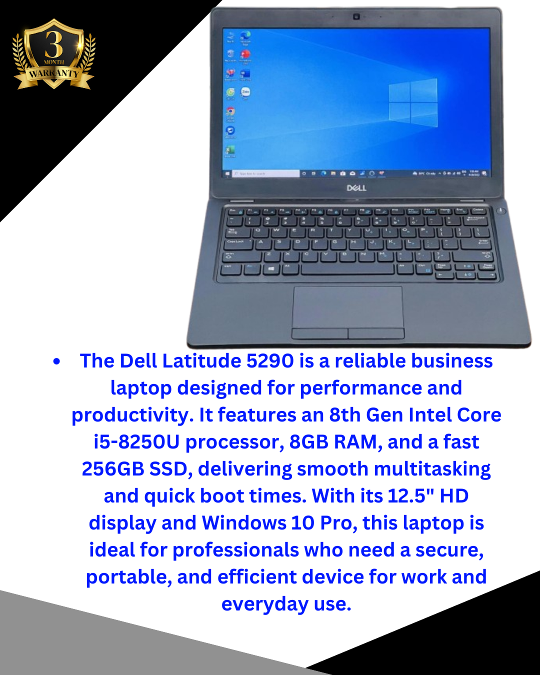Refurbished Dell Latitude 5290 Business Laptop 8th Gen Intel Core i5-8250U, 8GB DDR4 RAM 256GB SSD, 12.5-Inch HD Screen Display Windows 10 Pro Durable & Reliable Work Laptop (No Webcam)