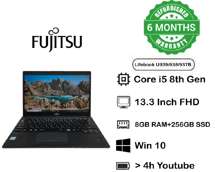 REFURBISHED Fujitsu Lifebook U939/938/937B Refurbished Laptop Intel Core i5-8365U 8GB RAM 256 GB SSD 13.3” FHD Windows 10 Lightweight Business Laptop