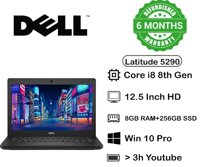 Refurbished Dell Latitude 5290 Business Laptop 8th Gen Intel Core i5-8250U, 8GB DDR4 RAM 256GB SSD, 12.5-Inch HD Screen Display Windows 10 Pro Durable & Reliable Work Laptop (No Webcam)