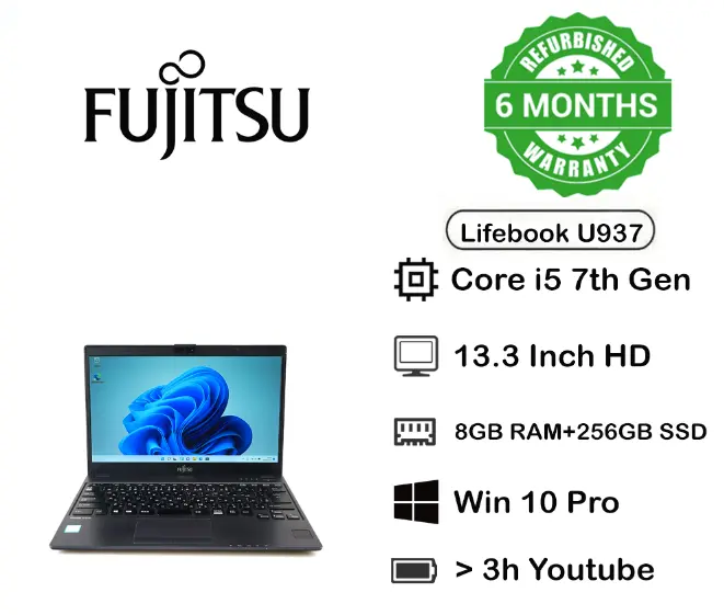 Refurbished Fujitsu Lifebook U937 Laptop Intel Core i5 7th Gen | 8GB RAM 256GB SSD Windows 10 Pro Ultra-Light Business Laptop