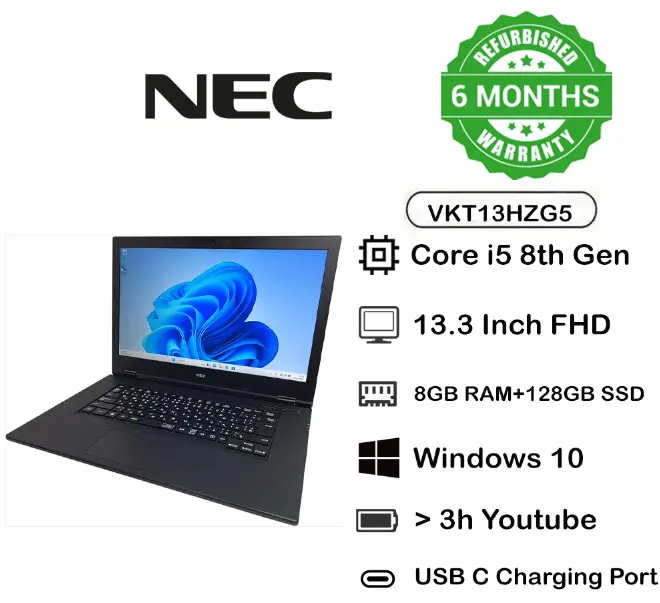 REFURBISHED NEC VKT13HZG5 Laptop Intel Core i5 8th Gen, 8GB RAM 128GB SSD 13.3 Inch Screen Compact Business Laptop with Lenovo 65W Type-C Laptop Charger Fast USB-C Power Adapter Refurbished Laptops