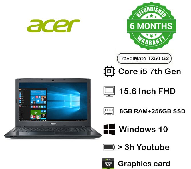 REFURBISHED Acer TravelMate TX50 G2 Business Laptop – Intel Core i5-7200U Processor (2.50GHz, 4 Cores), 8GB RAM, 256GB SSD, 15.6" Full HD Display, Windows 10 Pro, NVIDIA GeForce 940MX.