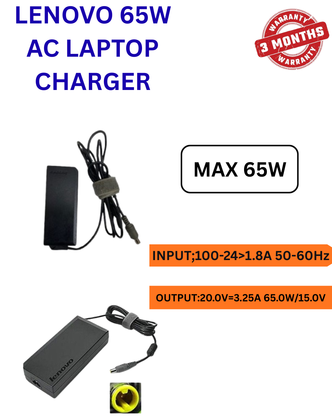 Lenovo 65W AC Laptop Charger Power Adapter – 20V Output, Fast & Reliable Charging, Compatible with Lenovo ThinkPad, IdeaPad, Yoga & Other Lenovo Laptops