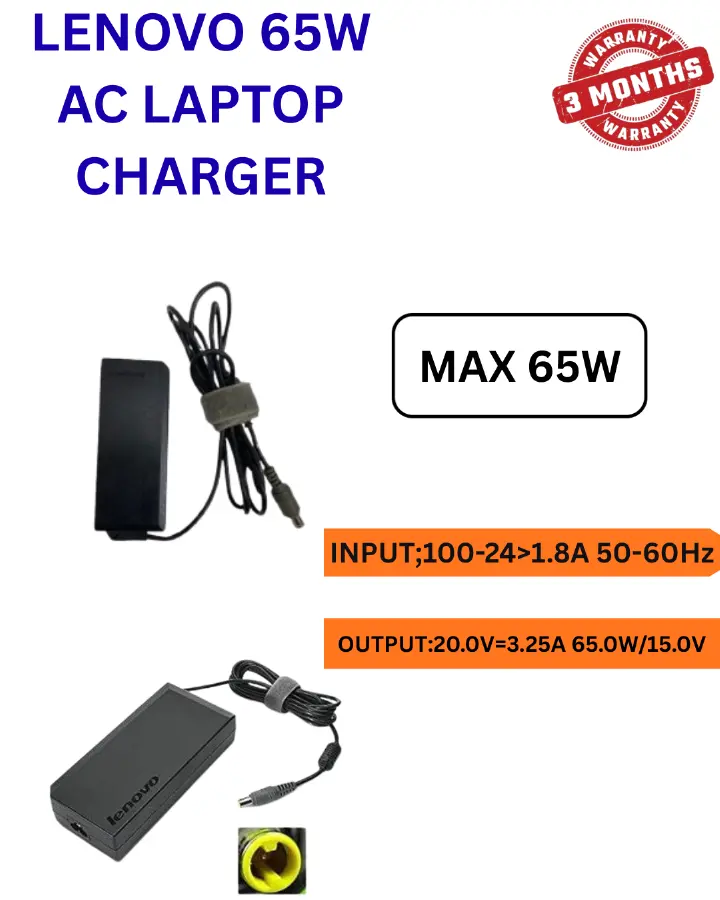 Lenovo 65W AC Laptop Charger Power Adapter – 20V Output, Fast & Reliable Charging, Compatible with Lenovo ThinkPad, IdeaPad, Yoga & Other Lenovo Laptops