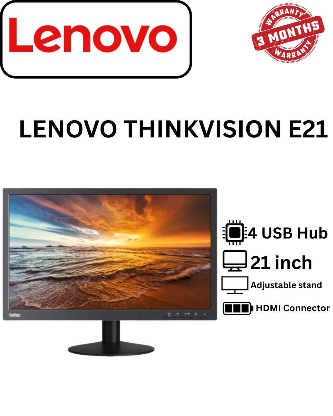 Lenovo ThinkVision E21-10 21.5-Inch Full HD LED Monitor – 1920x1080 Resolution, 60Hz Refresh Rate, Wide Viewing Angles, Anti-Glare Display, VGA & HDMI Connectivity, Adjustable Tilt Stand, Ultra-Slim