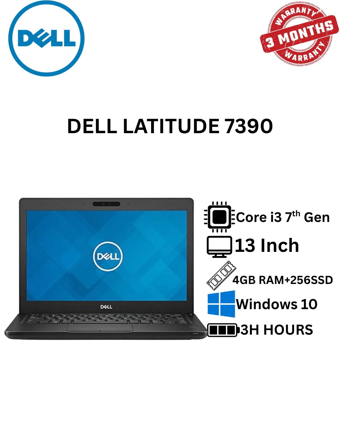Refurbished Laptop Dell Latitude 7390 Business Laptop Intel Core i3 processor 7th Gen 4GB RAM 256GB SSD 13.3-Inch Full HD Display Screen