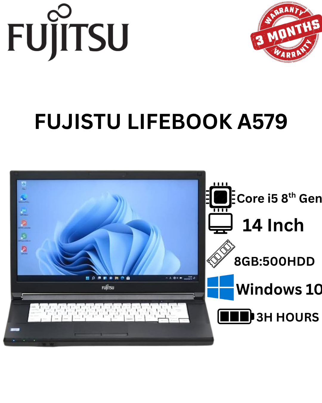 Fujitsu Lifebook A579/B Laptop – 15.6" HD Display, Intel Core i5 8th Gen Processor, 8GB RAM, 500GB HDD, Windows 10 Pro, Wi-Fi, HDMI, USB 3.0 – Reliable Business Notebook for Office & School