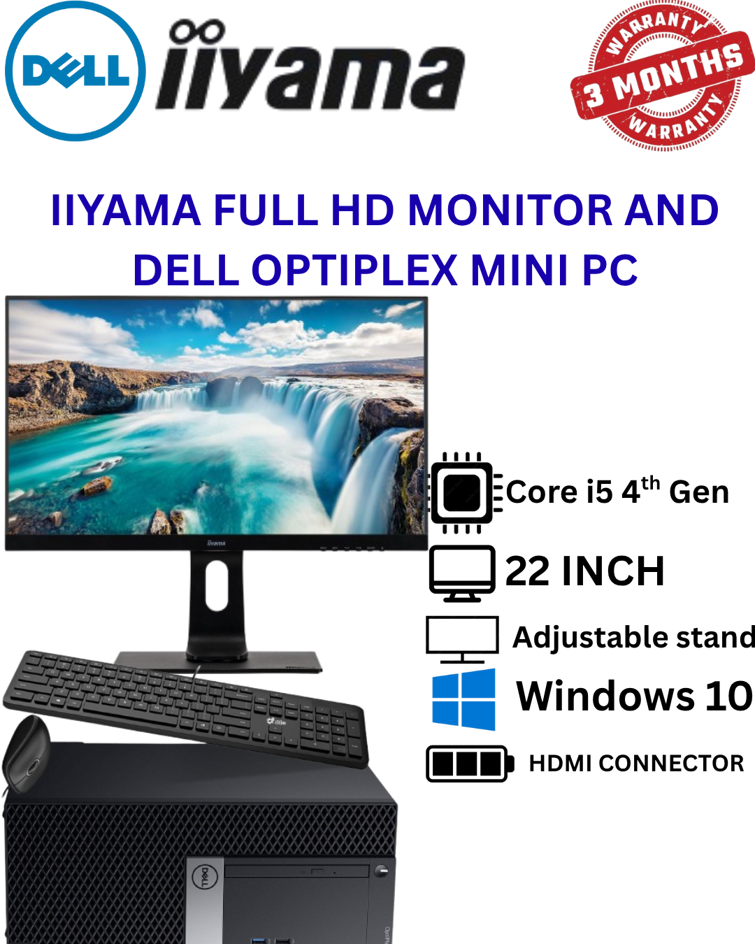 Refurbished - Dell OptiPlex Mini PC, Intel Core i5 (4th Gen), 4GB RAM, 250GB HDD, Windows 10 + 22" Iiyama Full HD Monitor (HDMI, VGA, DVI, Audio Jack) + Keyboard and Mouse