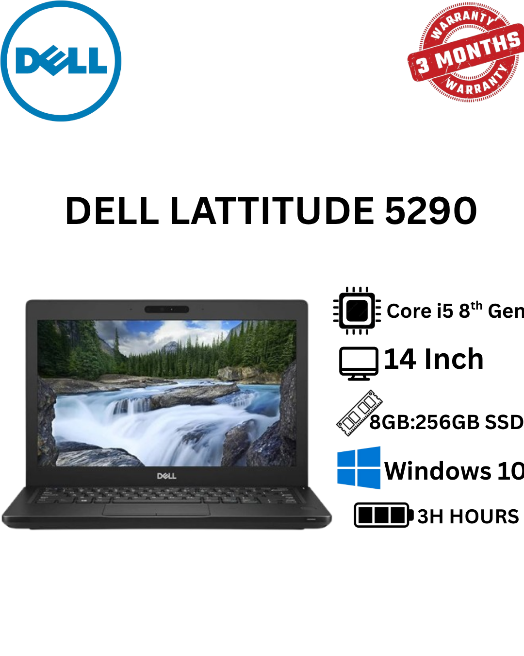 Refurbished Dell Latitude 5290 Business Laptop 8th Gen Intel Core i5-8250U, 8GB DDR4 RAM 256GB SSD, 12.5-Inch FHD Screen Display Windows 10 Pro Durable & Reliable Work Laptop (No Webcam)