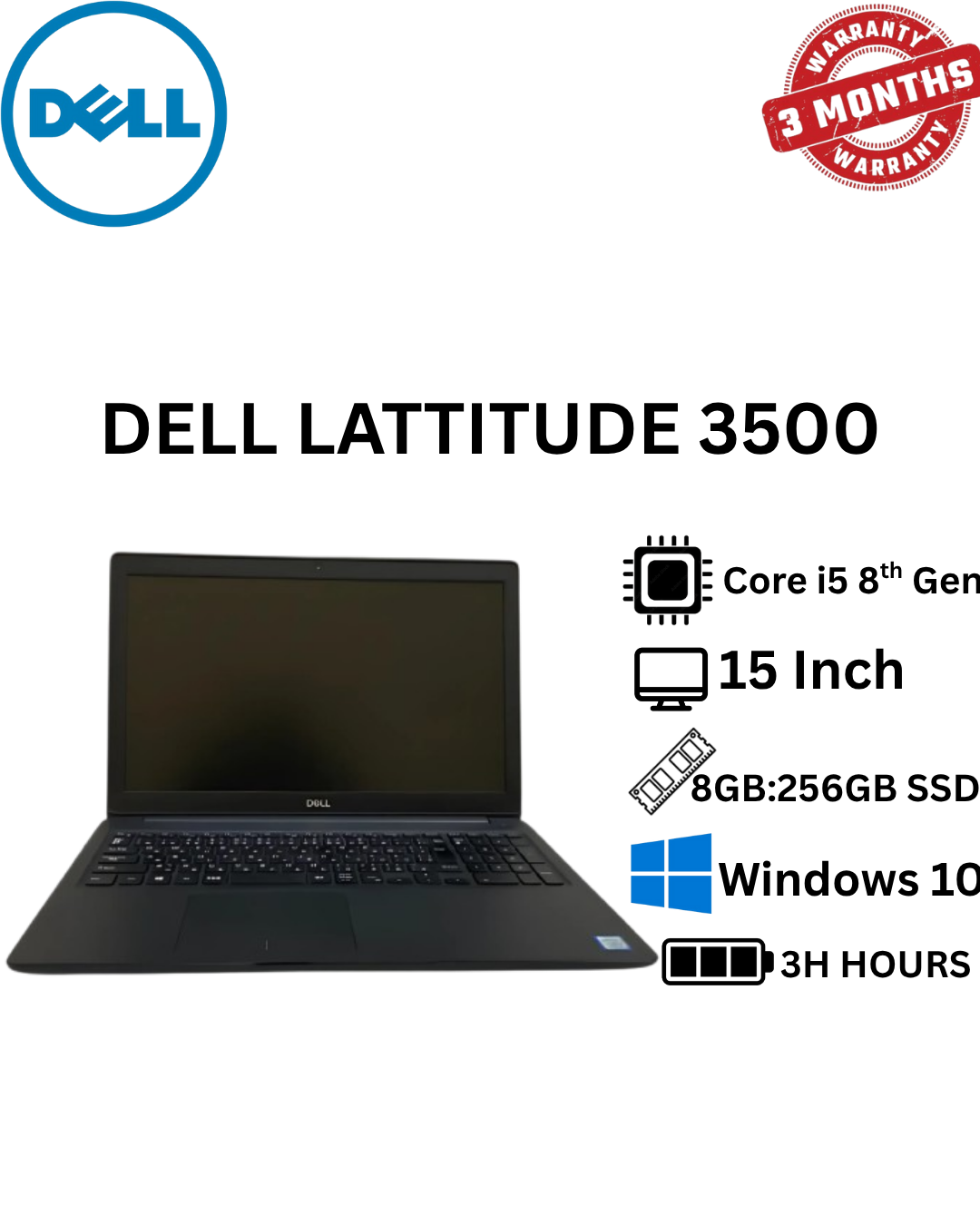 Refurbished Dell Latitude 3500 – Intel Core i5-8265U, 8GB RAM, 256GB SSD, Windows 10, Business Laptop
