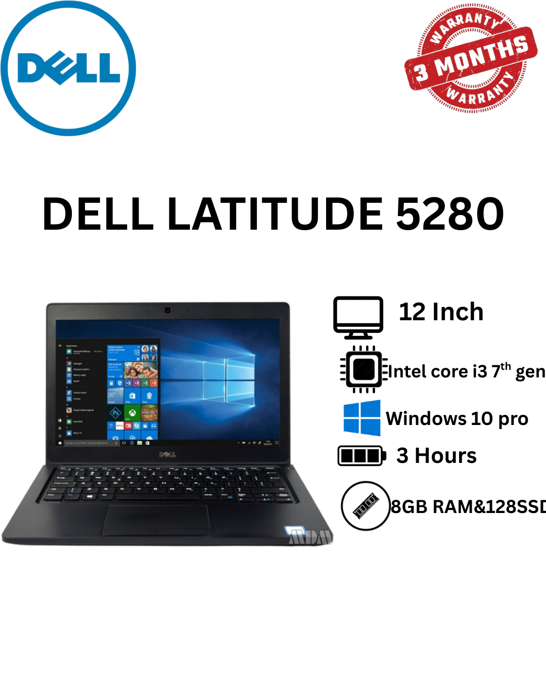 REFURBISHED; Dell Latitude 5280 Laptop, Intel Core i3 7th Gen, 8GB RAM, 128GB SSD, 12.5-inch Display, Windows 10 Pro"No camera