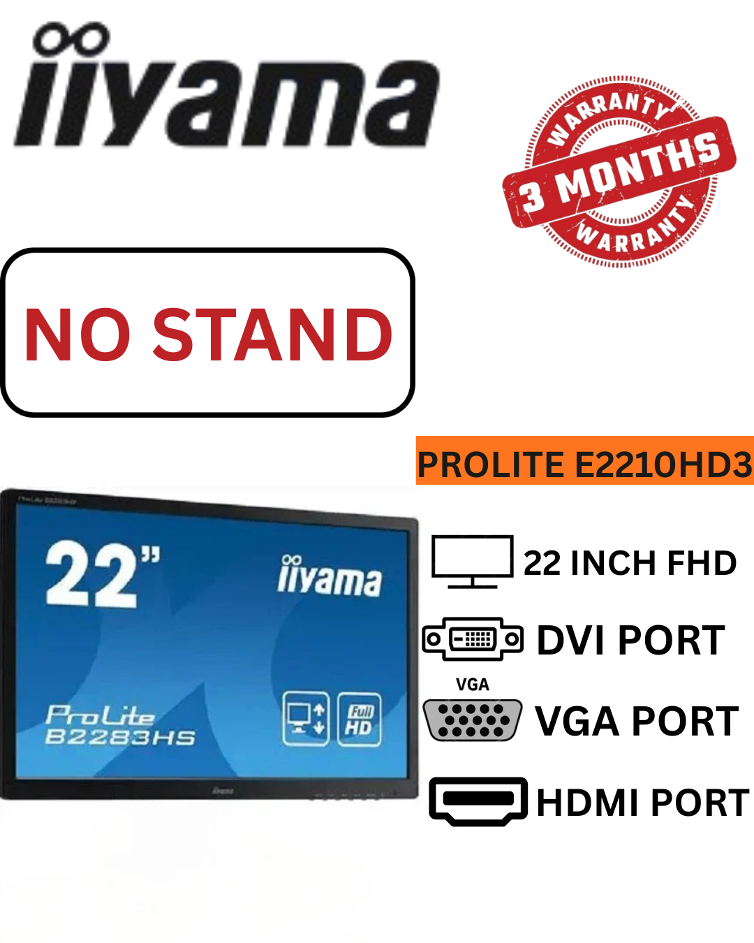 iiyama ProLite E2210HDS 22-Inch Full HD Widescreen Monitor – 1920x1080 LED Display, DVI/HDMI/VGA, Fast 2ms Response Time – Energy Efficient Office[NO STAND]