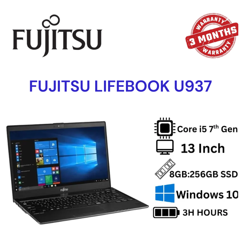 Refurbished Fujitsu Lifebook U937 Laptop Intel Core i5 7th Gen | 8GB RAM 120GB SSD Windows 10 Pro Ultra-Light Business Laptop