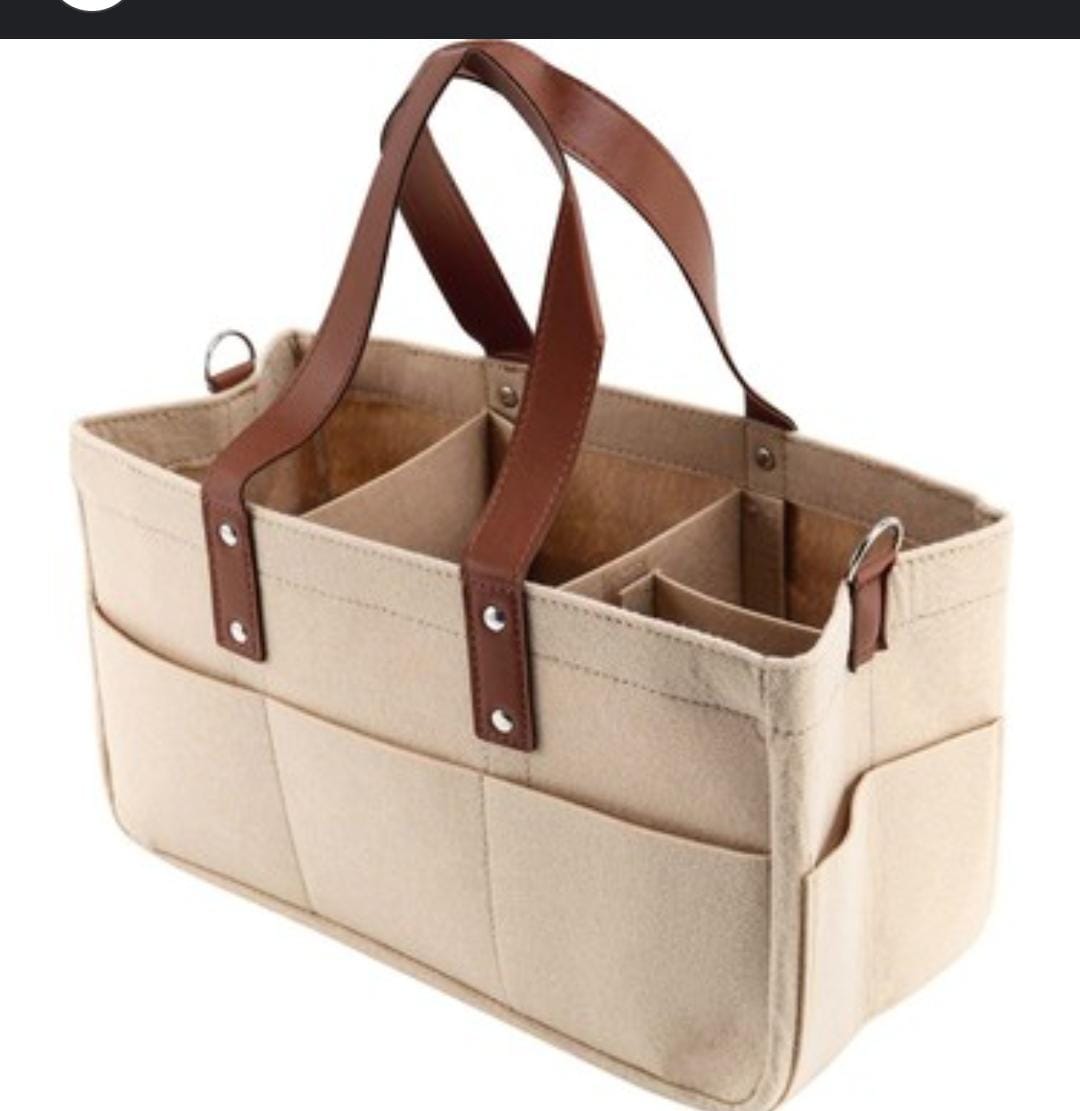 Felt fabric baby nursing bag with removable dividers nursery storage bin and car organizer for diapers and baby wipes.