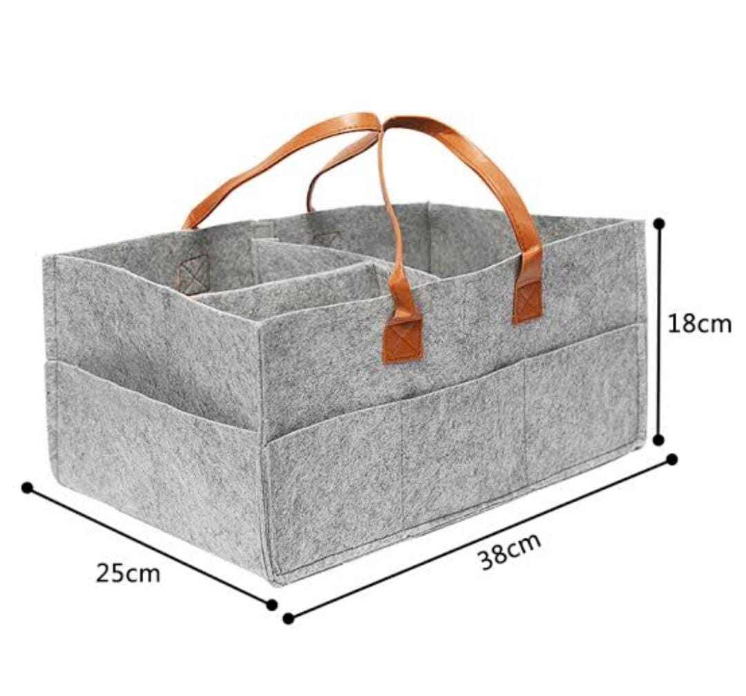 Felt fabric baby nursing bag with removable dividers nursery storage bin and car organizer for diapers and baby wipes.