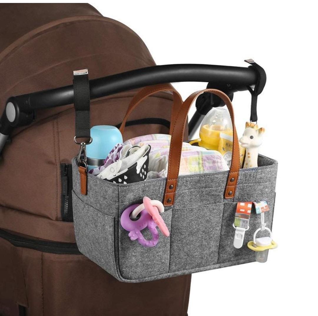 Felt fabric baby nursing bag with removable dividers nursery storage bin and car organizer for diapers and baby wipes.