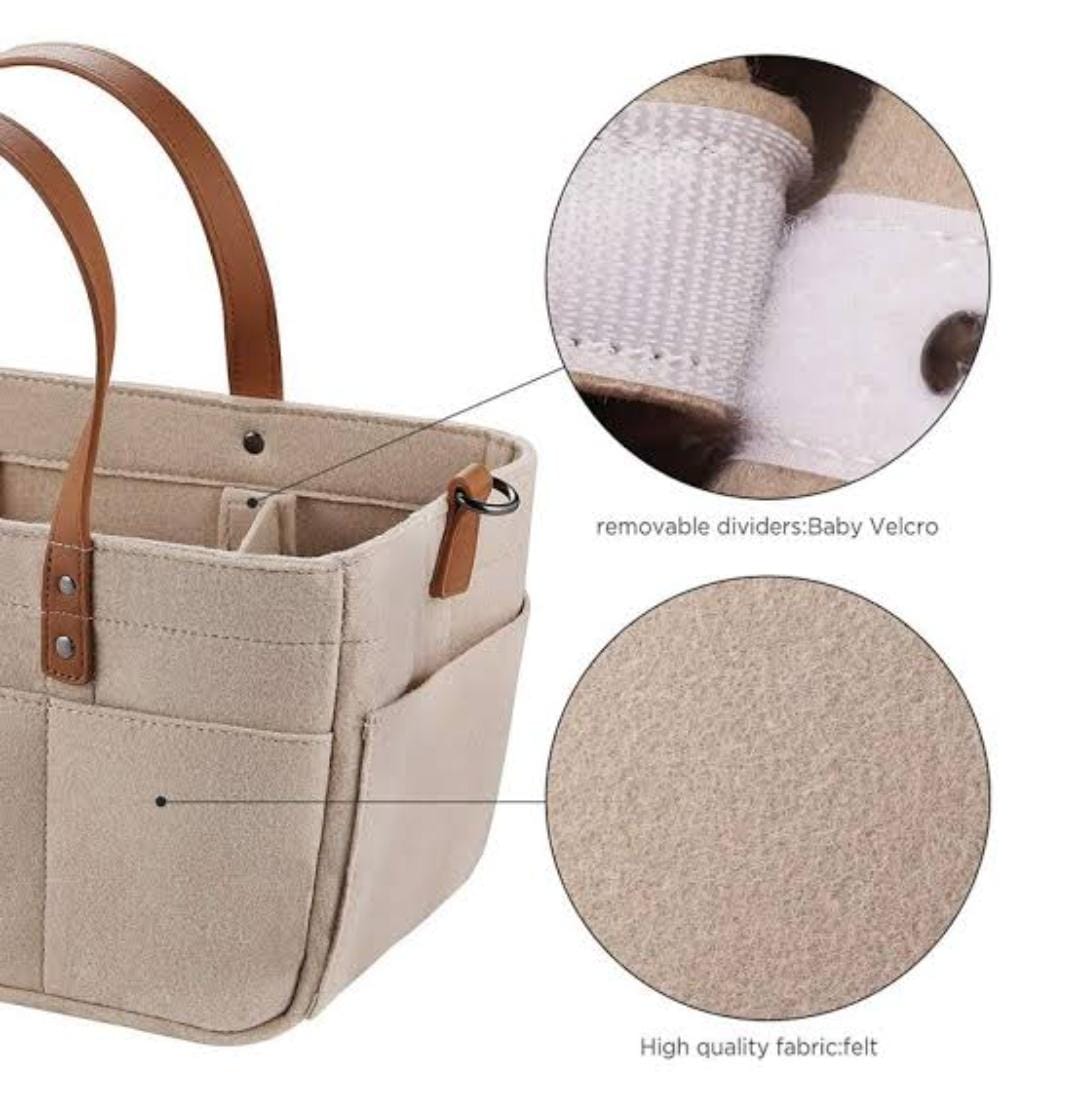 Felt fabric baby nursing bag with removable dividers nursery storage bin and car organizer for diapers and baby wipes.