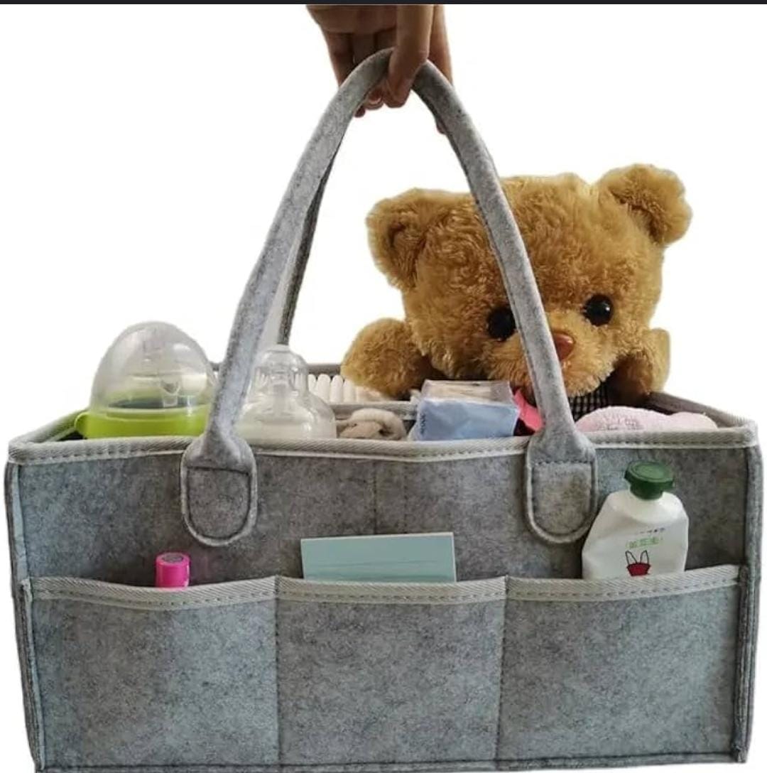 Felt fabric baby nursing bag with removable dividers nursery storage bin and car organizer for diapers and baby wipes.